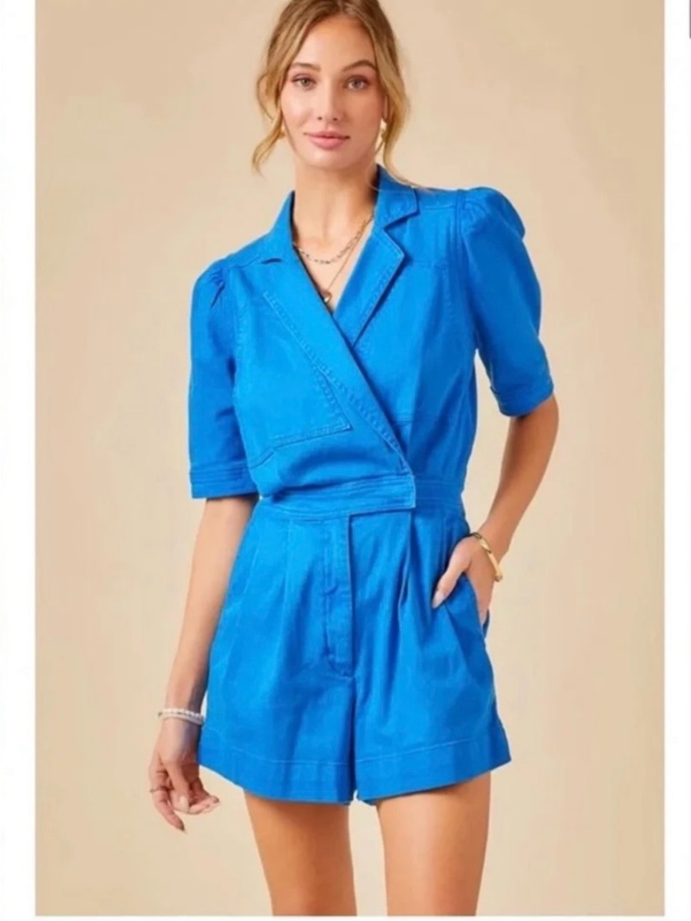 Day + Moon Blue Puff Sleeve Denim Romper Size Medium